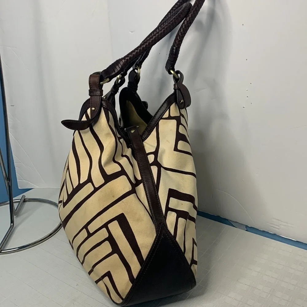 Cole Haan GENEVIEVE Triangle Leather & Woven Canvas Tote